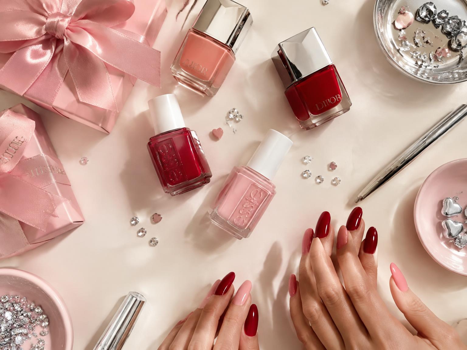 Glossy pink nails with polish and gems